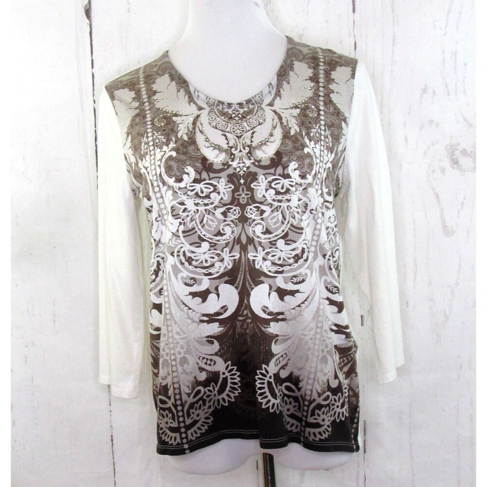Chico's Zenergy 3/4 Sleeve Top Size 1 M/8 Cream Brown Paisley Print Bead Accents